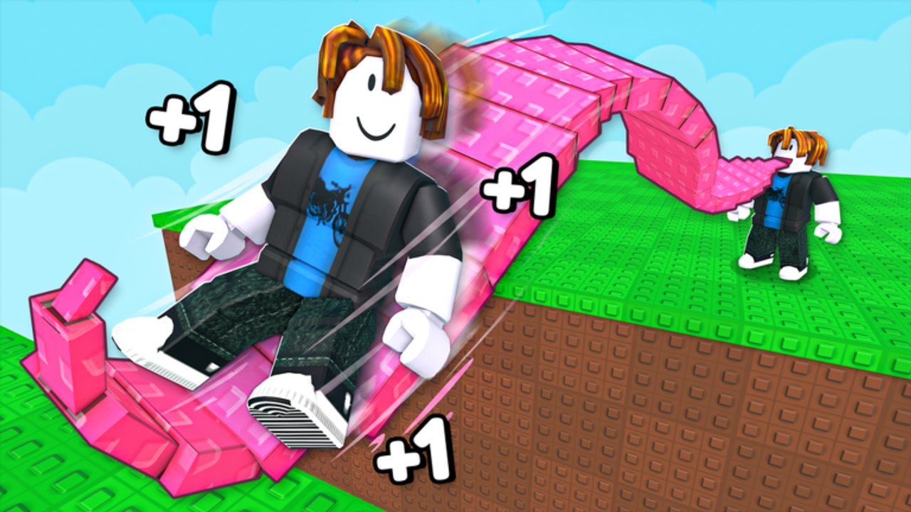 Roblox-Avatar gleitet eine lange pinke Zunge zwischen Grasplattformen in +1 Tongue Escape hinunter